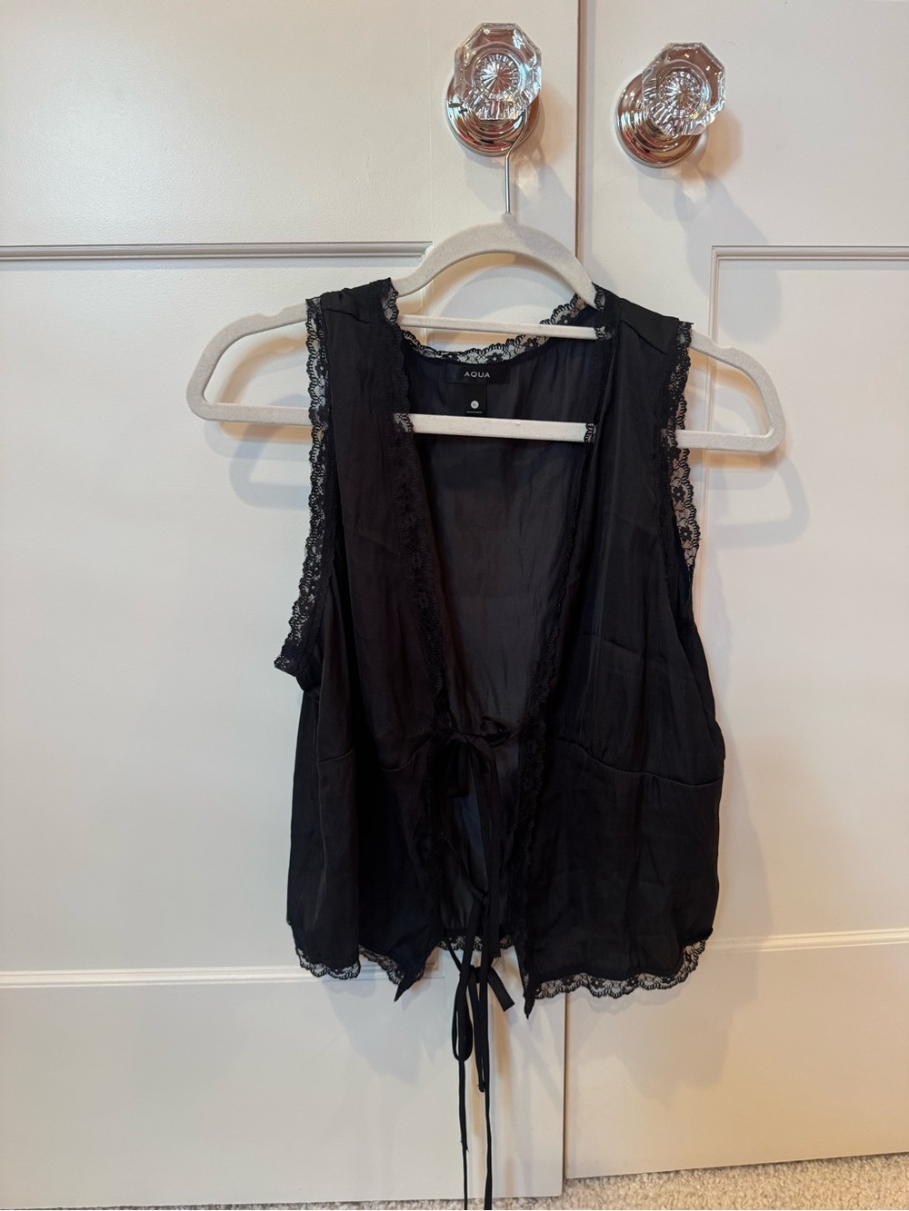 Aqua Black Lace-Trim Tie-Front Camisole